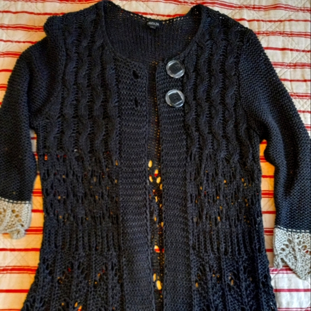 Fantasia Long Open Knit Cardigan 2 Button Grey Accent Zig Zag cuffs and Hem Sz L